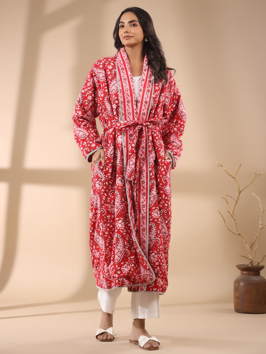 Red Floral Printed Reversible Quilted Robe