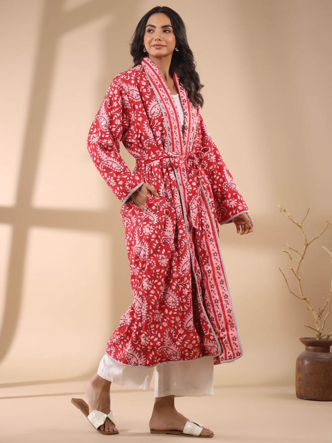 Red Floral Printed Reversible Quilted Robe