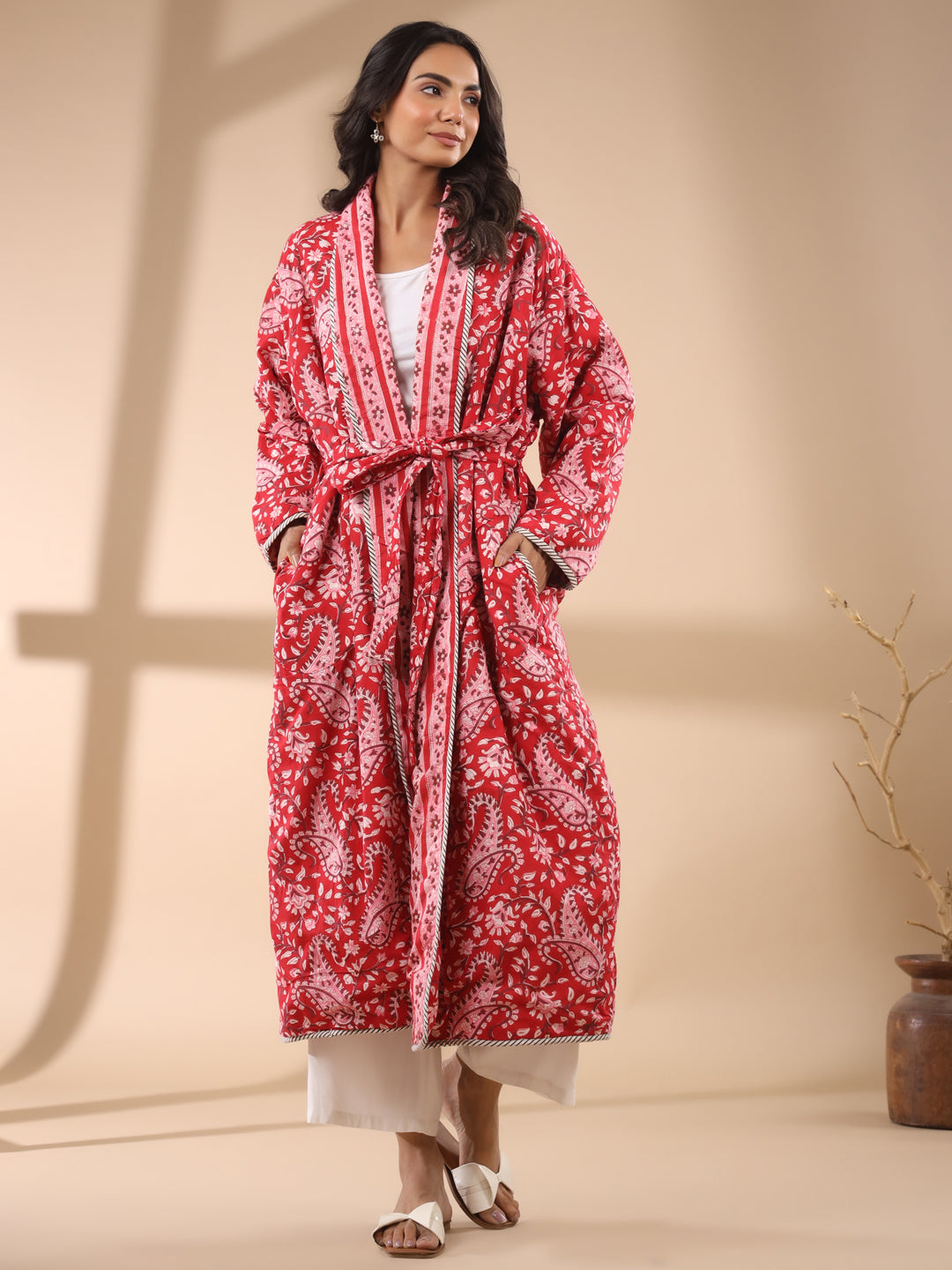 Red Floral Printed Reversible Quilted Robe