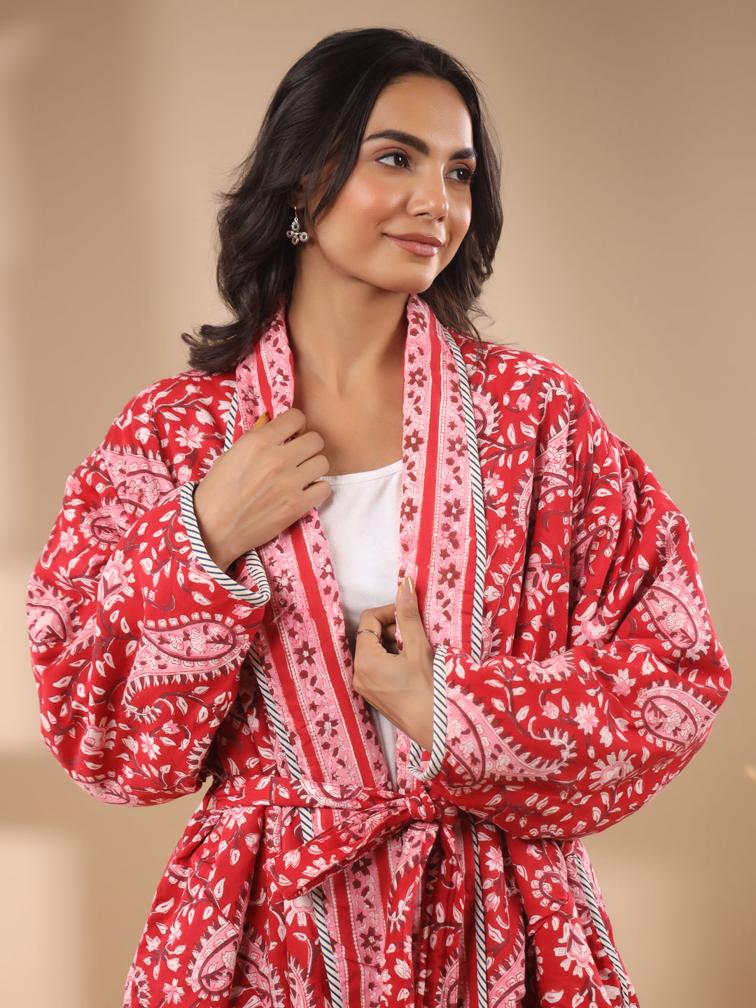 Red Floral Printed Reversible Quilted Robe