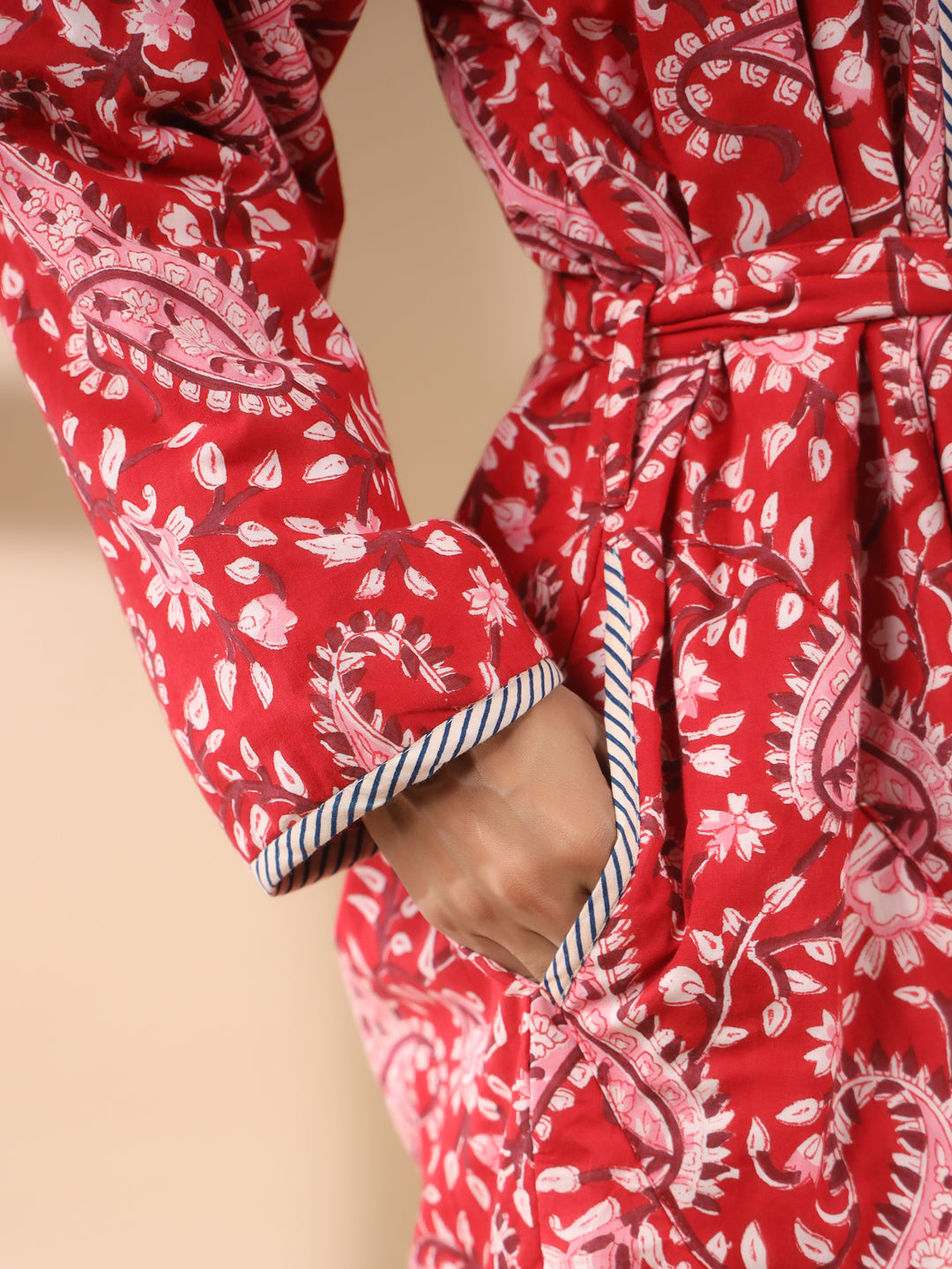 Red Floral Printed Reversible Quilted Robe