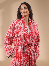 Red Floral Printed Reversible Quilted Robe