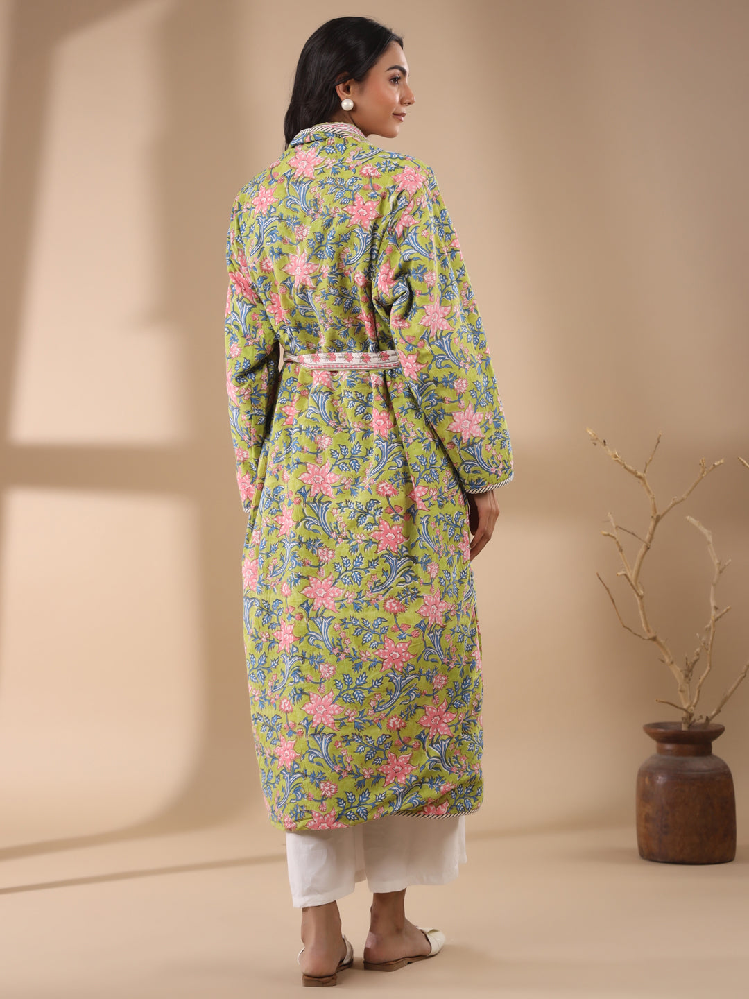 Green Floral Printed Reversible Quilted Robe