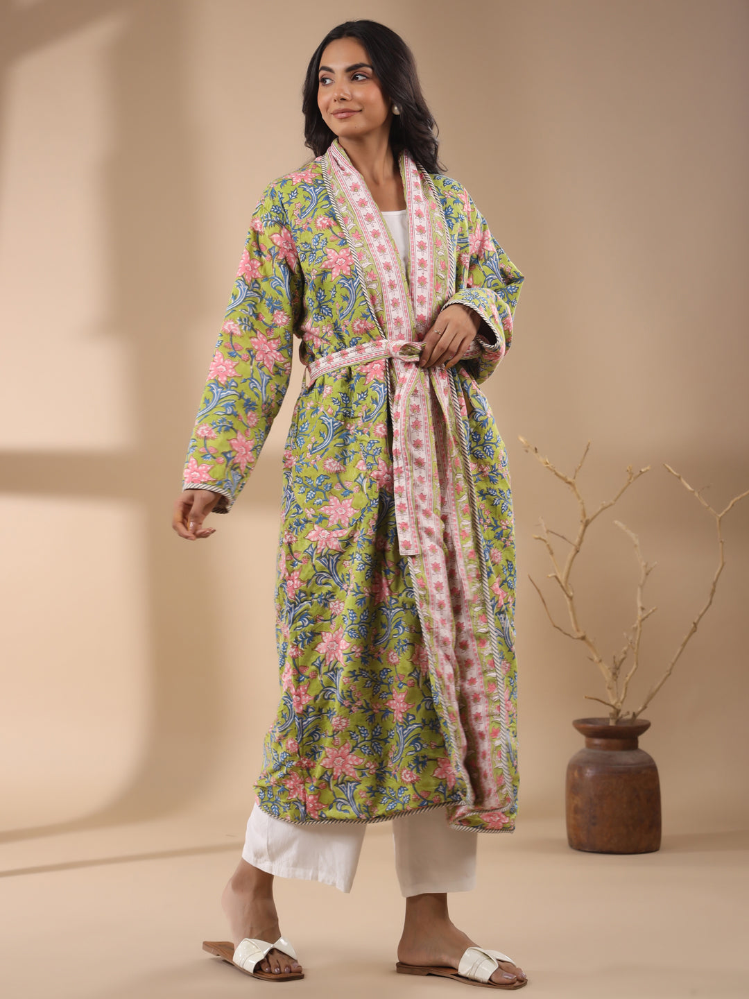 Green Floral Printed Reversible Quilted Robe