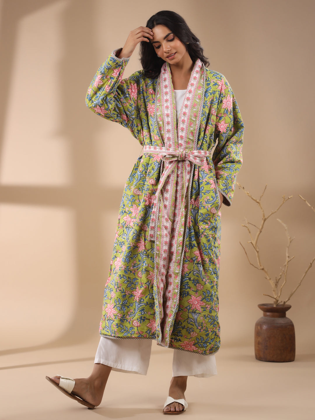 Green Floral Printed Reversible Quilted Robe