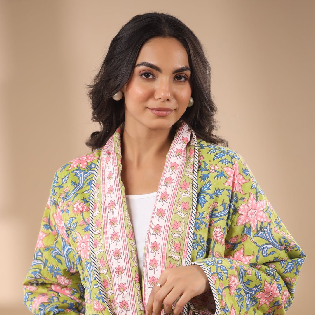 Green Floral Printed Reversible Quilted Robe