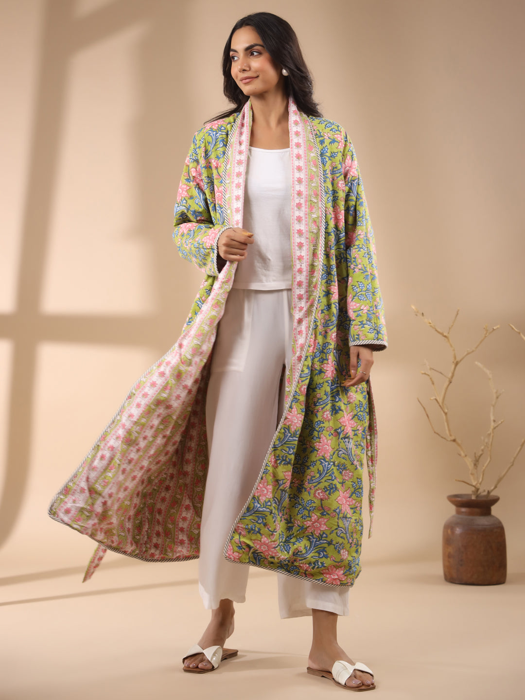 Green Floral Printed Reversible Quilted Robe