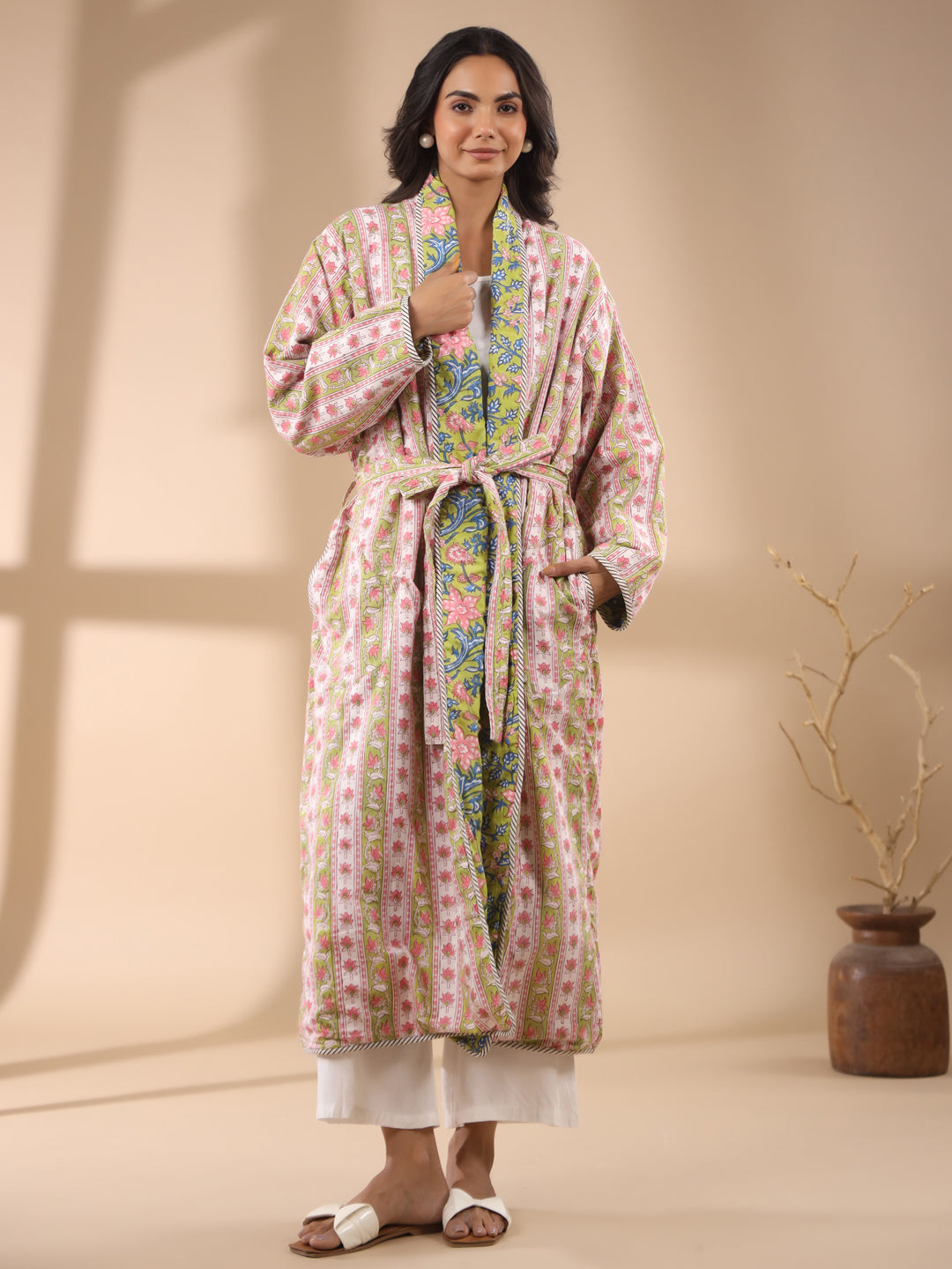 Green Floral Printed Reversible Quilted Robe