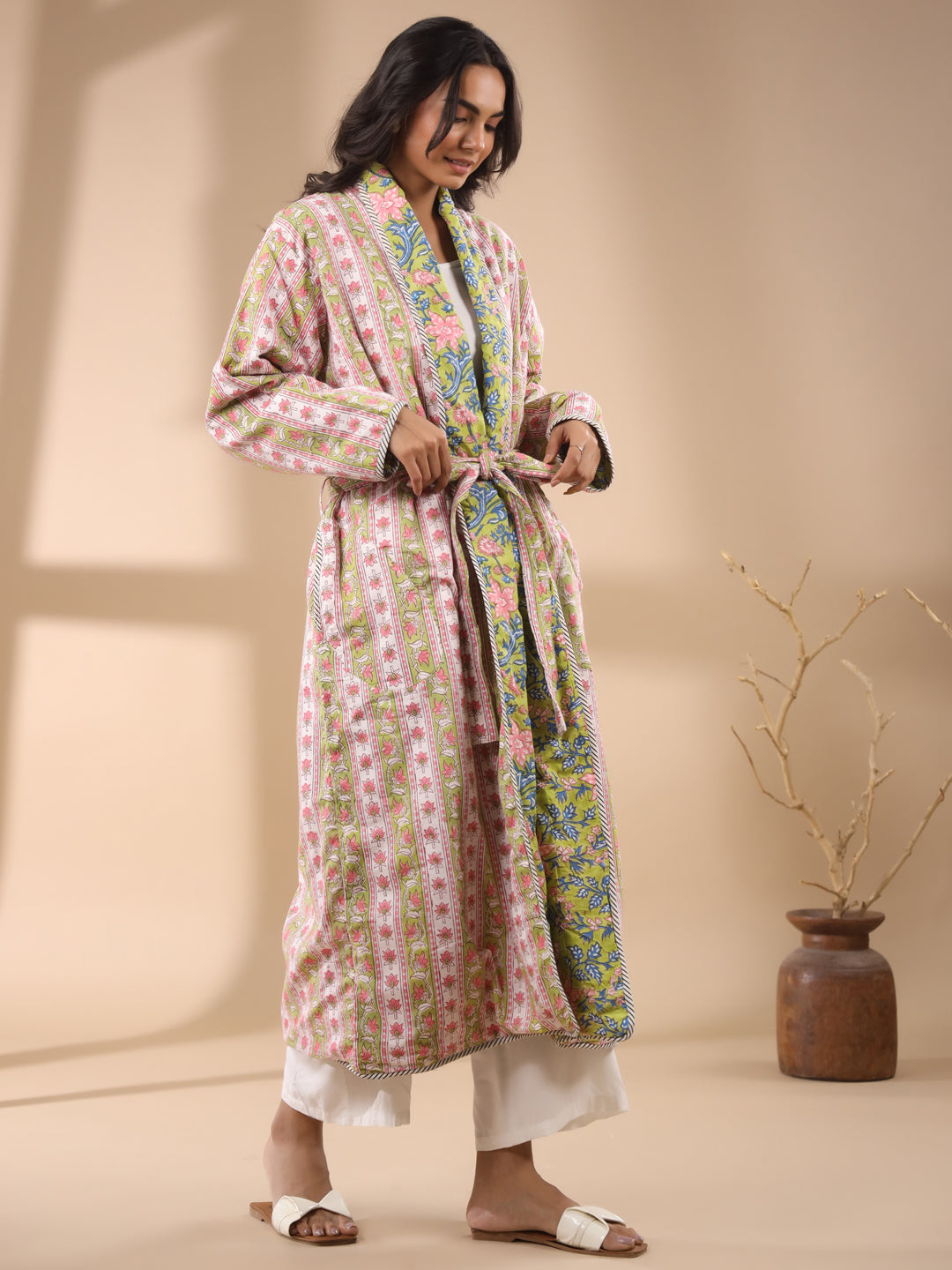 Green Floral Printed Reversible Quilted Robe