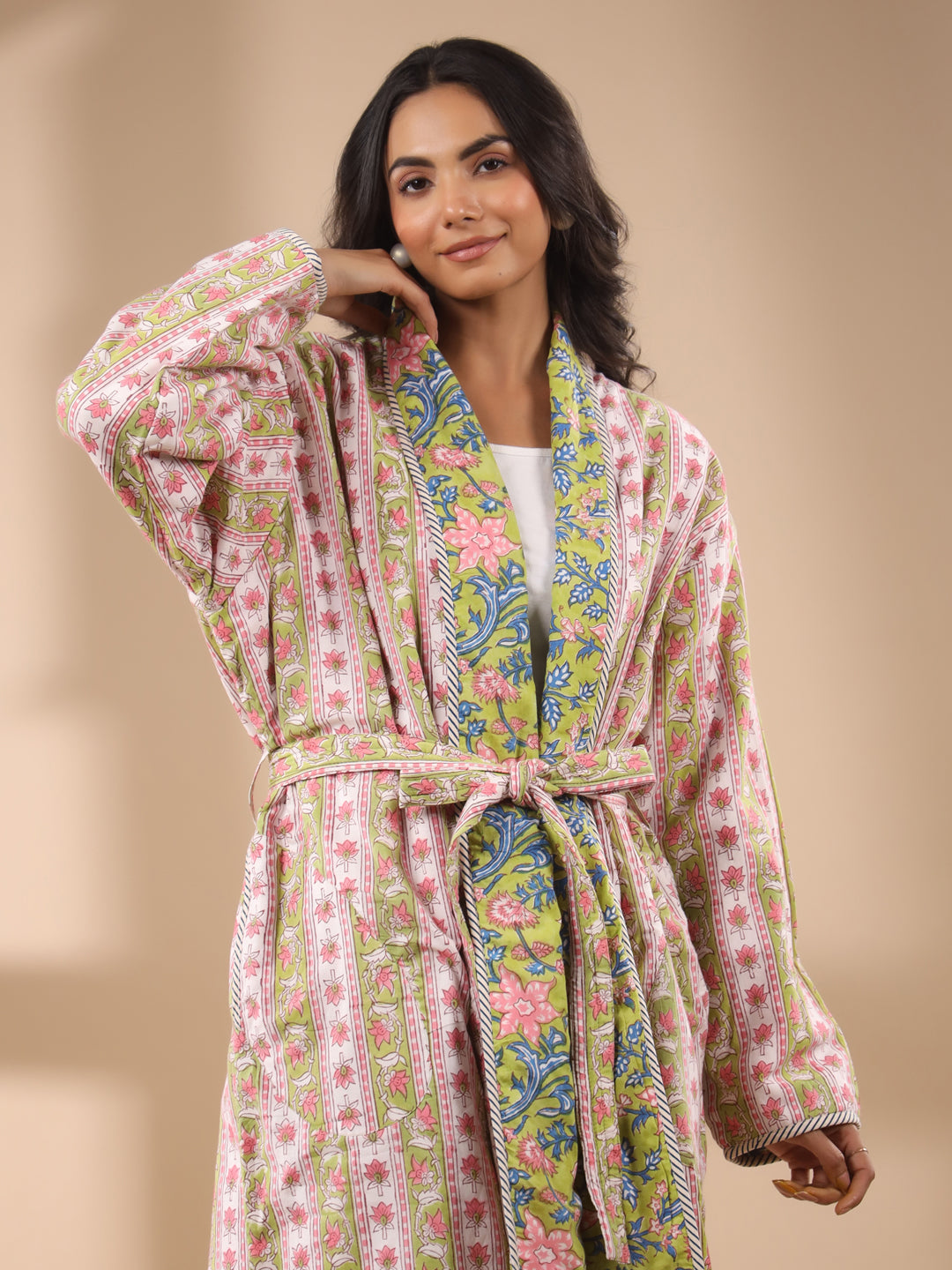 Green Floral Printed Reversible Quilted Robe