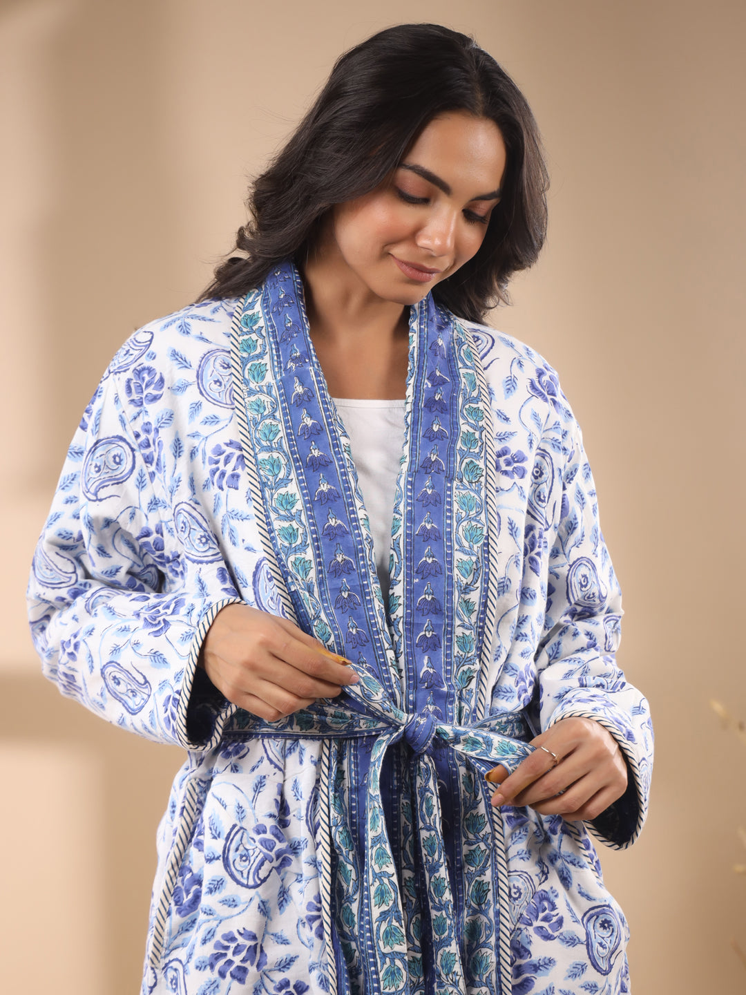 White Paisley Printed Reversible Quilted Cotton Robe