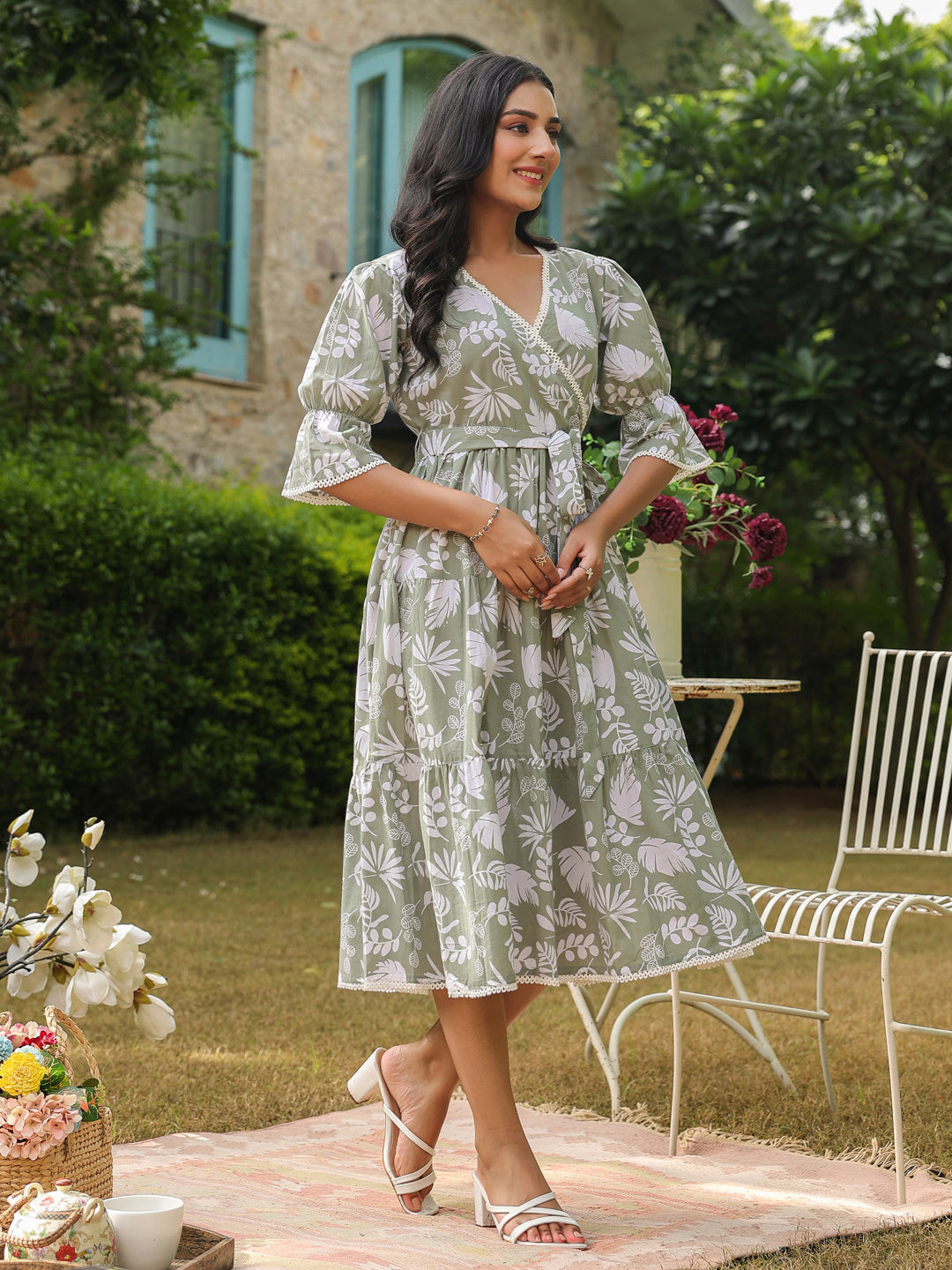 Sage Green Floral Print Wrap Dress with Puff Sleeves & Tie-Up Detail