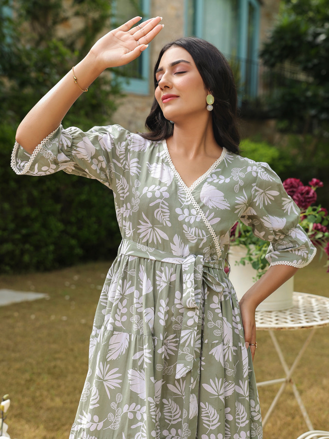 Sage Green Floral Print Wrap Dress with Puff Sleeves & Tie-Up Detail