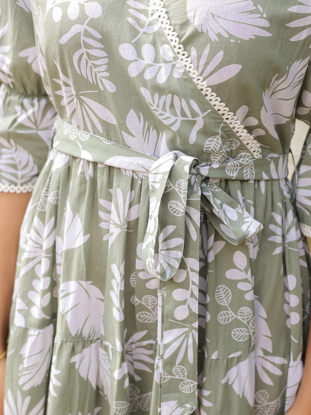 Sage Green Floral Print Wrap Dress with Puff Sleeves & Tie-Up Detail