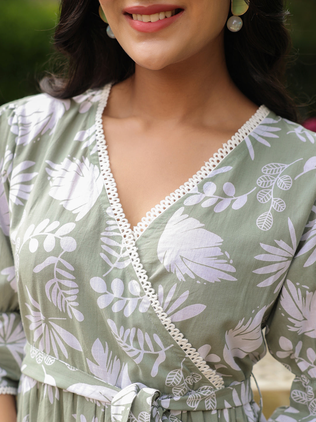 Sage Green Floral Print Wrap Dress with Puff Sleeves & Tie-Up Detail