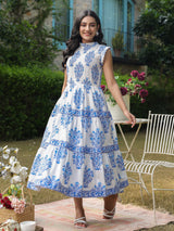 Sleeveless Cotton Printed Dress with Mughal Motifs & Smocking Yoke