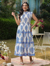 Sleeveless Cotton Printed Dress with Mughal Motifs & Smocking Yoke