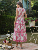 Sleeveless Cotton Printed Dress with Mughal Motifs & Smocking Yoke