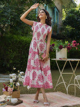 Sleeveless Cotton Printed Dress with Mughal Motifs & Smocking Yoke