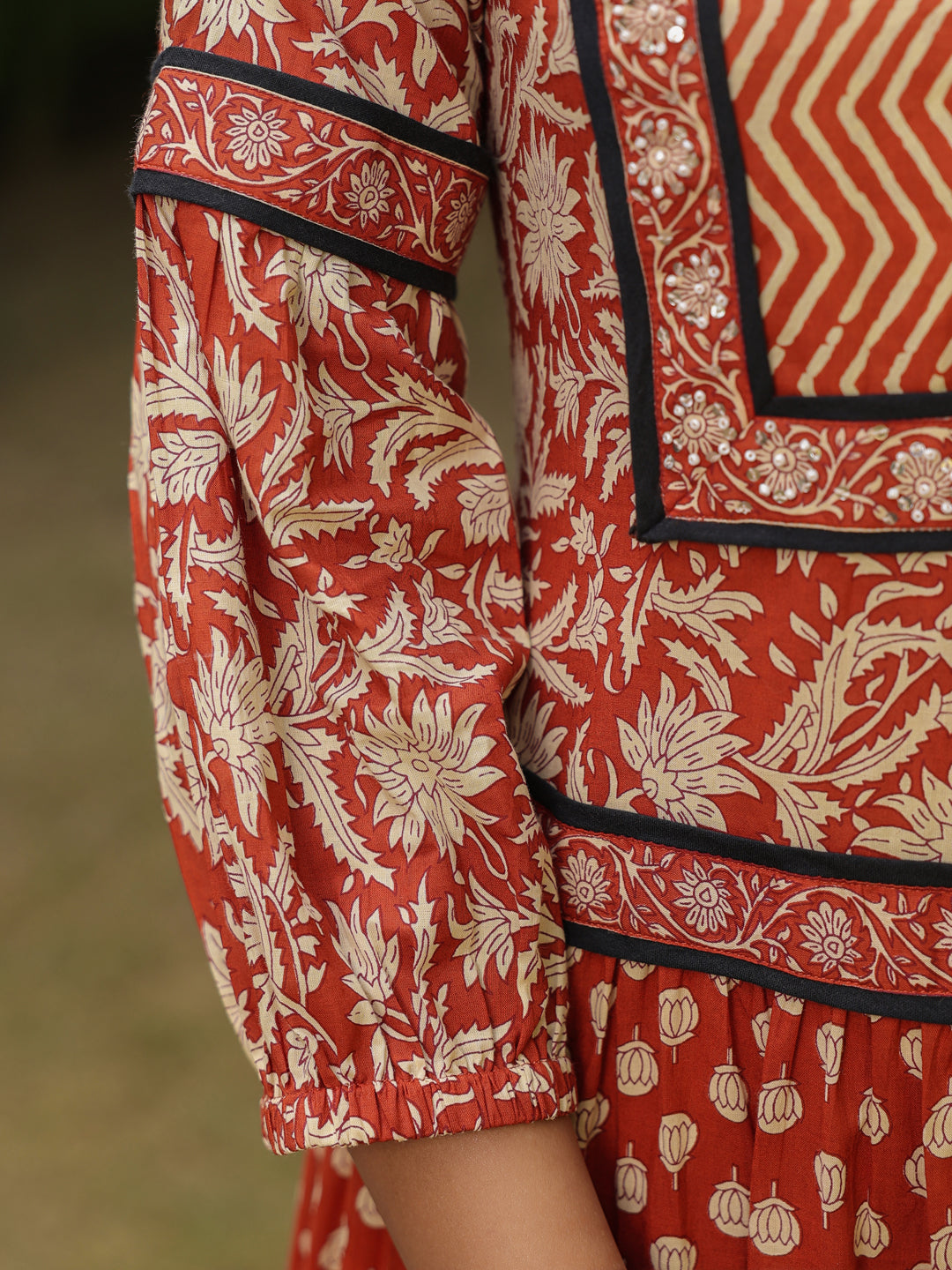 Rust Boho Maxi Dress with Tassel Details &amp; Hand-Embellished Sequins