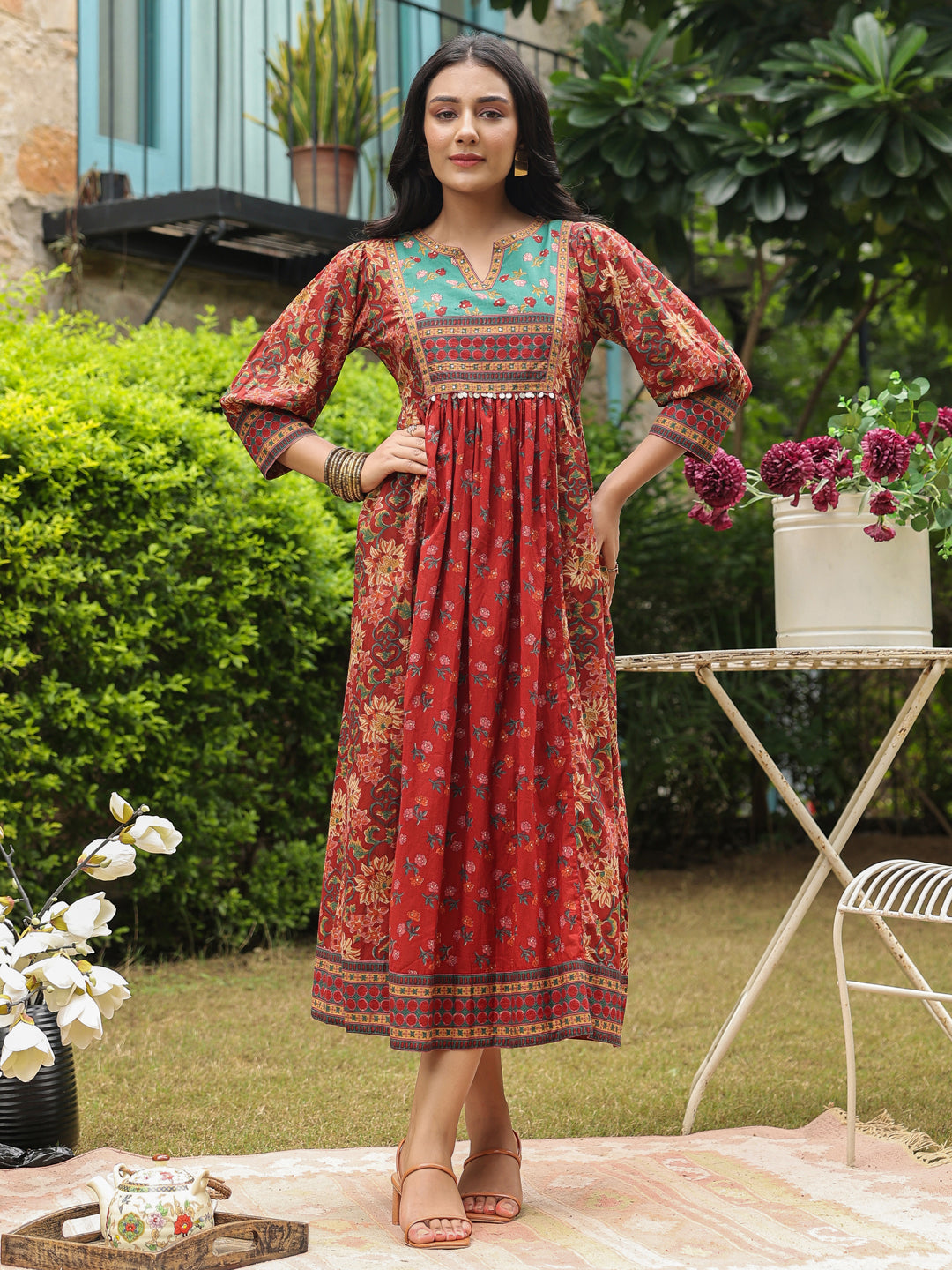 Red cotton printed kurti dress