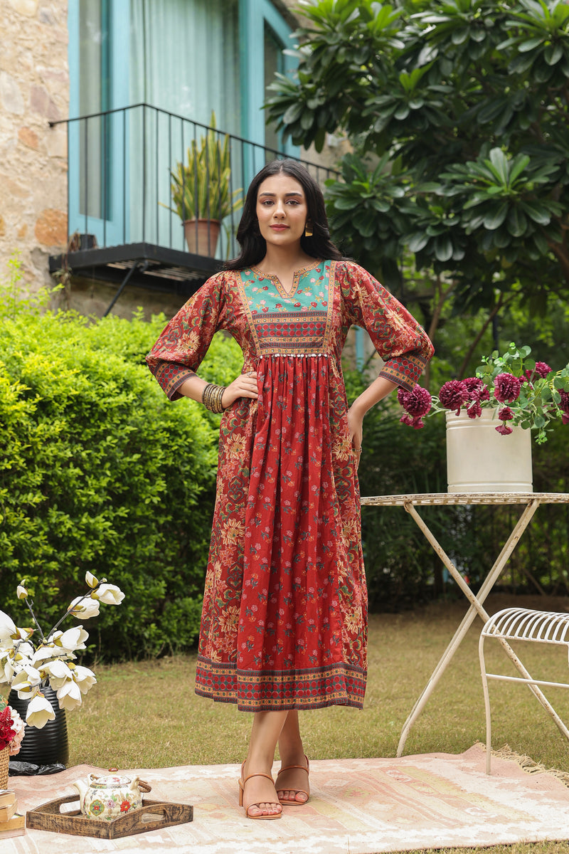 Red cotton printed kurti dress