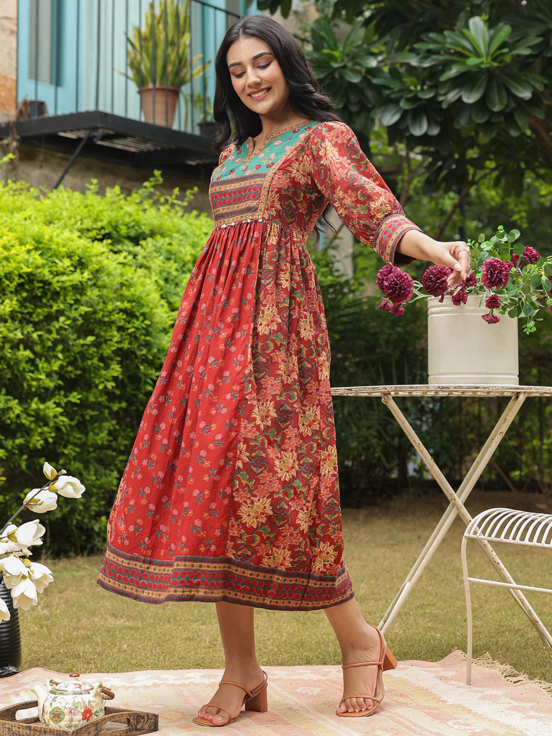 Red cotton printed kurti dress