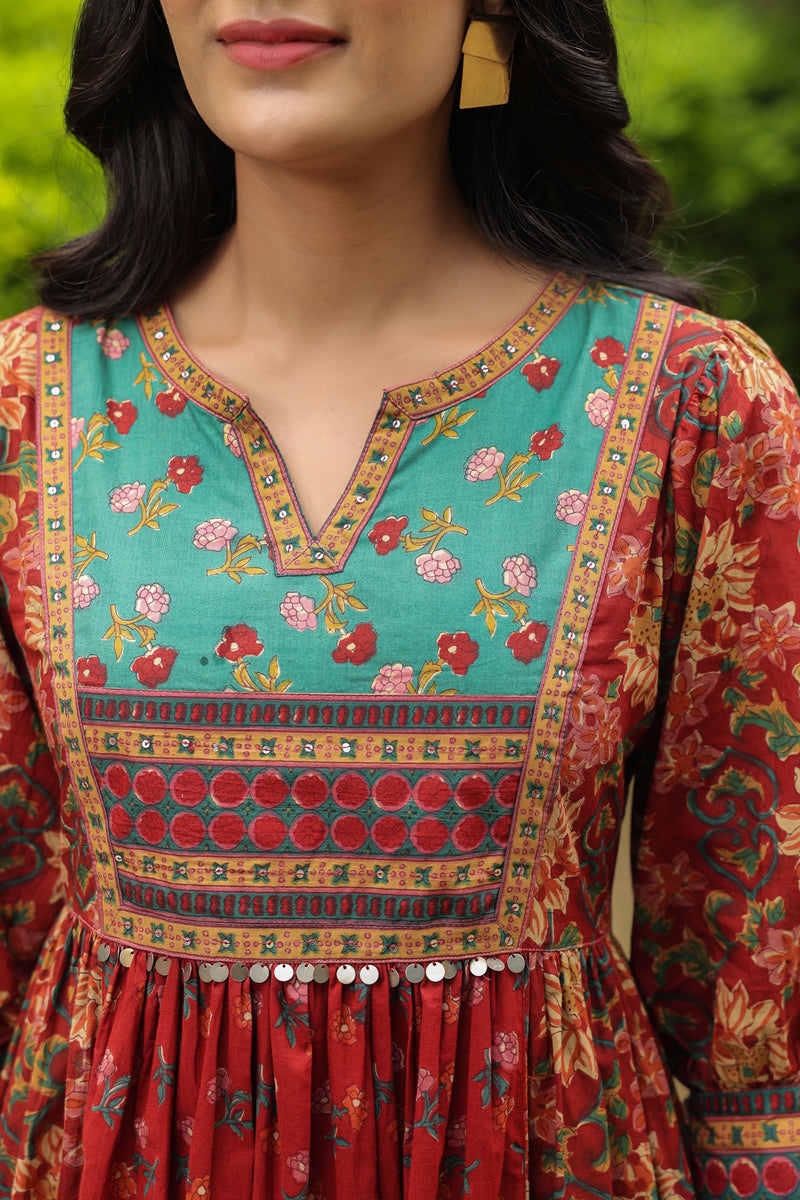 Red cotton printed kurti dress