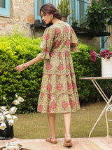 Yellow Printed Midi Dress with V-Neck and Smocking Sleeves