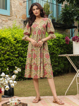 Yellow Printed Midi Dress with V-Neck and Smocking Sleeves