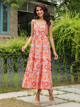 Orange Floral Printed Shoulder Strap Maxi Dress