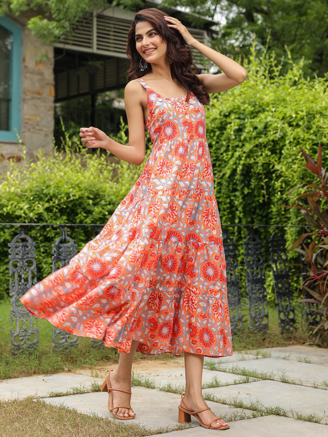 Orange Floral Printed Shoulder Strap Maxi Dress