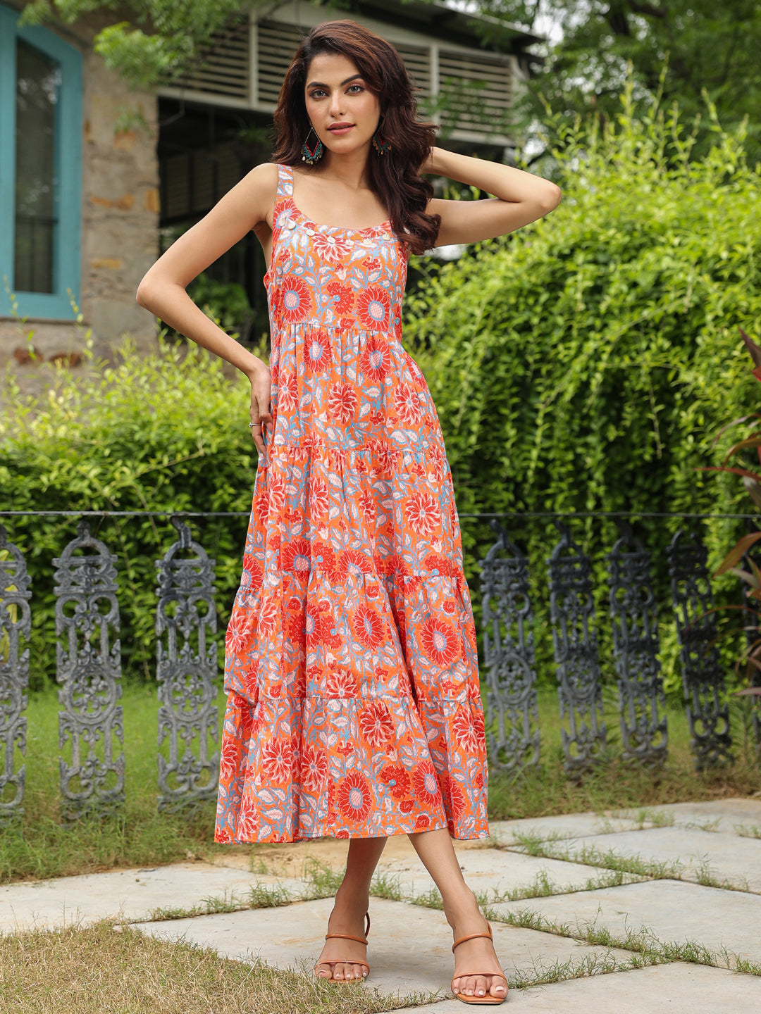 Orange Floral Printed Shoulder Strap Maxi Dress