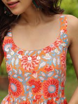 Orange Floral Printed Shoulder Strap Maxi Dress