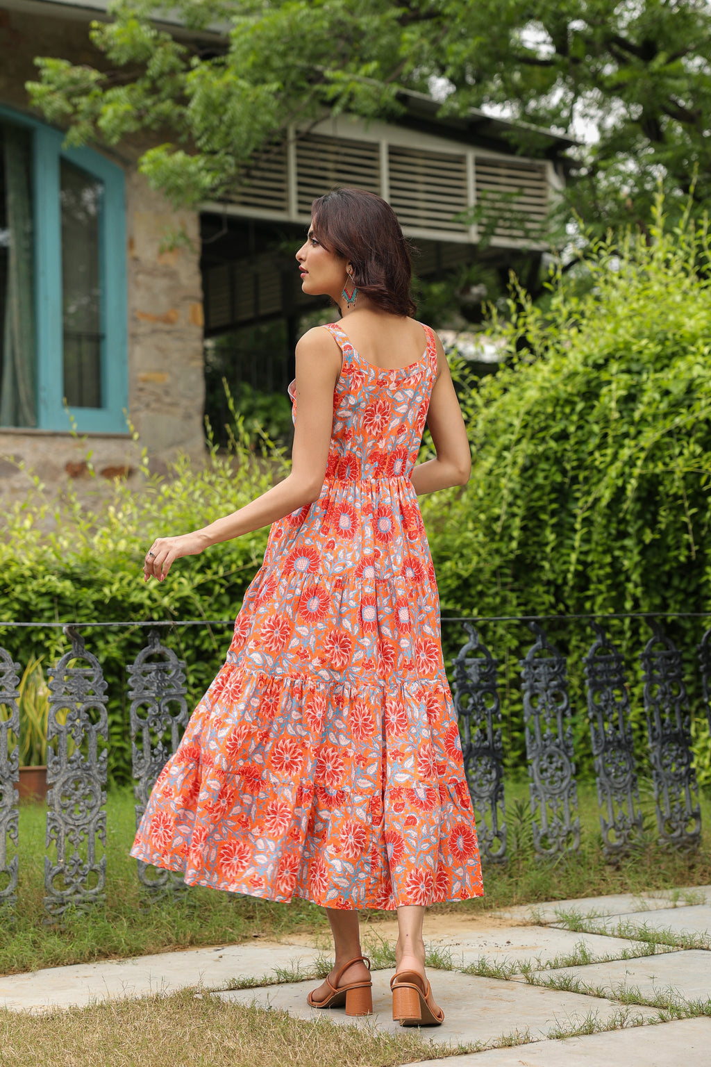 Orange Floral Printed Shoulder Strap Maxi Dress