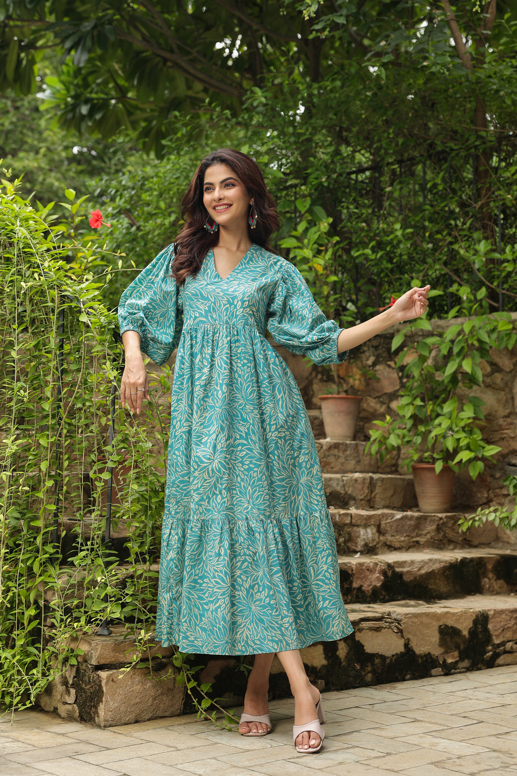 Turquoise Printed Cotton Maxi Dress with Three-Quarter Elasticated Sleeves