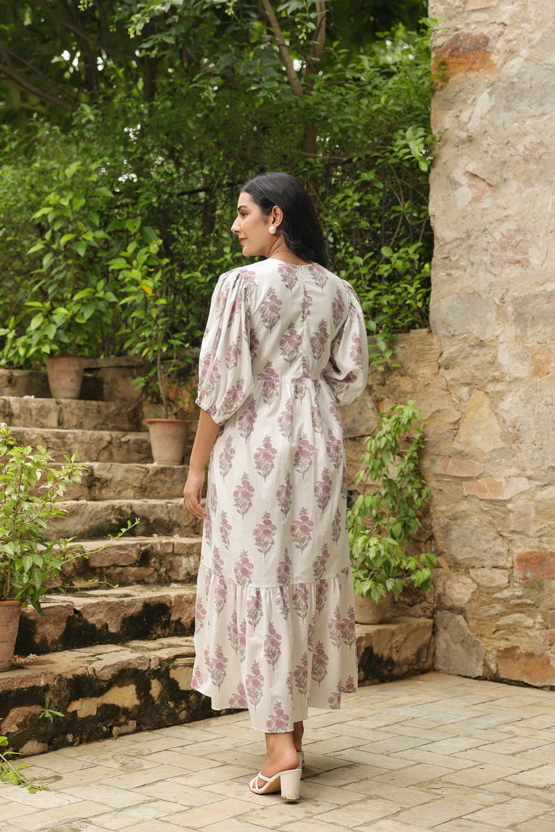 White Printed Cotton Maxi Dress with Three-Quarter Elasticated Sleeves