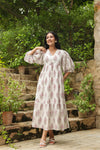 White Printed Cotton Maxi Dress with Three-Quarter Elasticated Sleeves