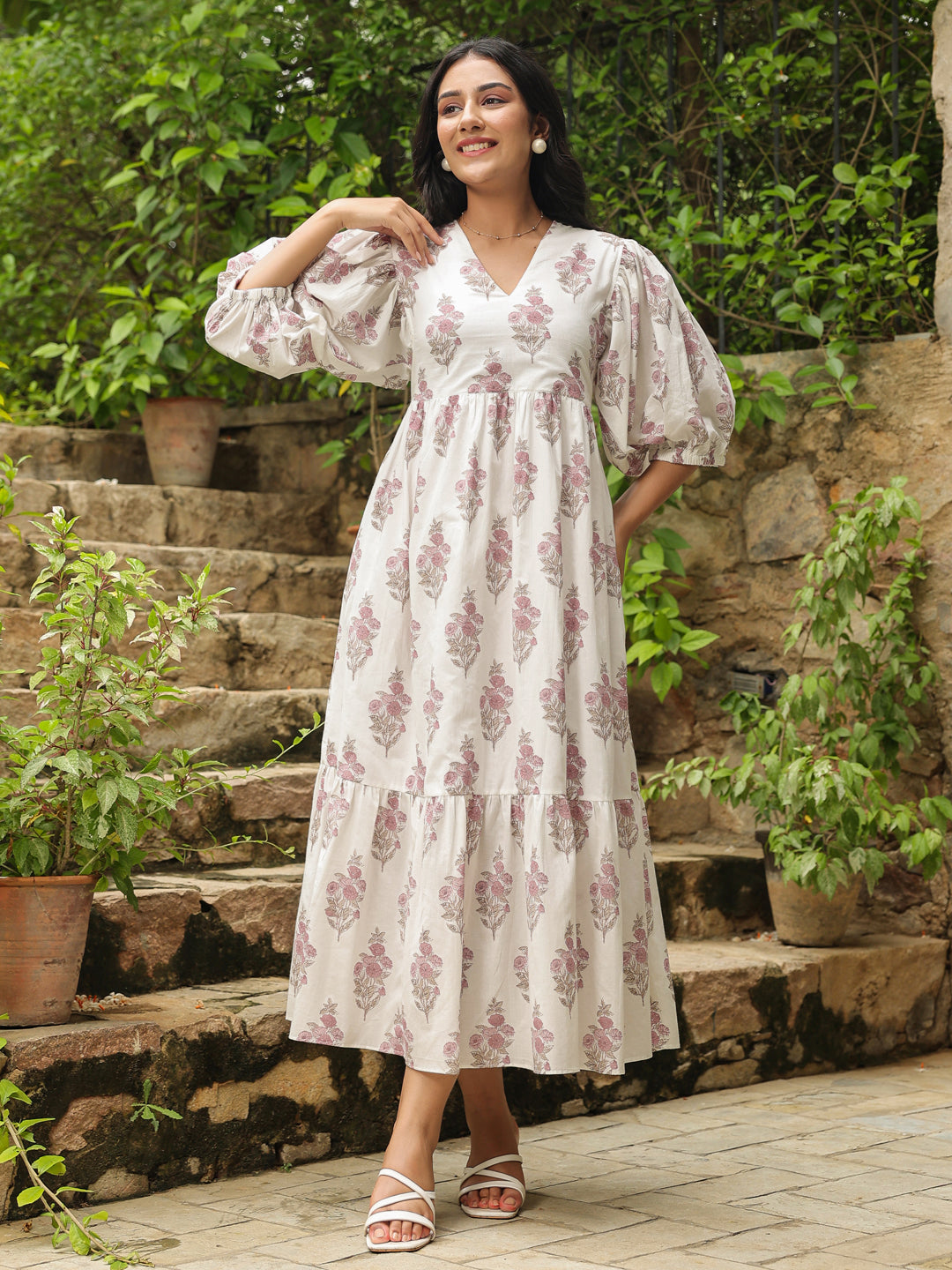 White Printed Cotton Maxi Dress with Three-Quarter Elasticated Sleeves