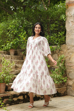 White Printed Cotton Maxi Dress with Three-Quarter Elasticated Sleeves