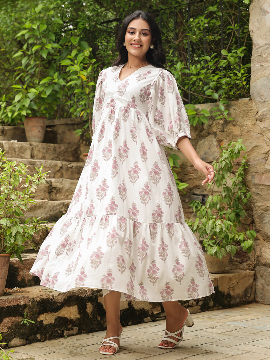 White Printed Cotton Maxi Dress with Three-Quarter Elasticated Sleeves