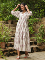 White Printed Cotton Maxi Dress with Three-Quarter Elasticated Sleeves