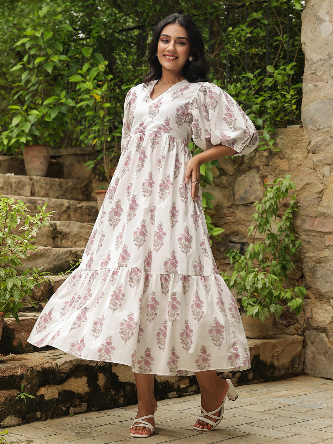 White Printed Cotton Maxi Dress with Three-Quarter Elasticated Sleeves