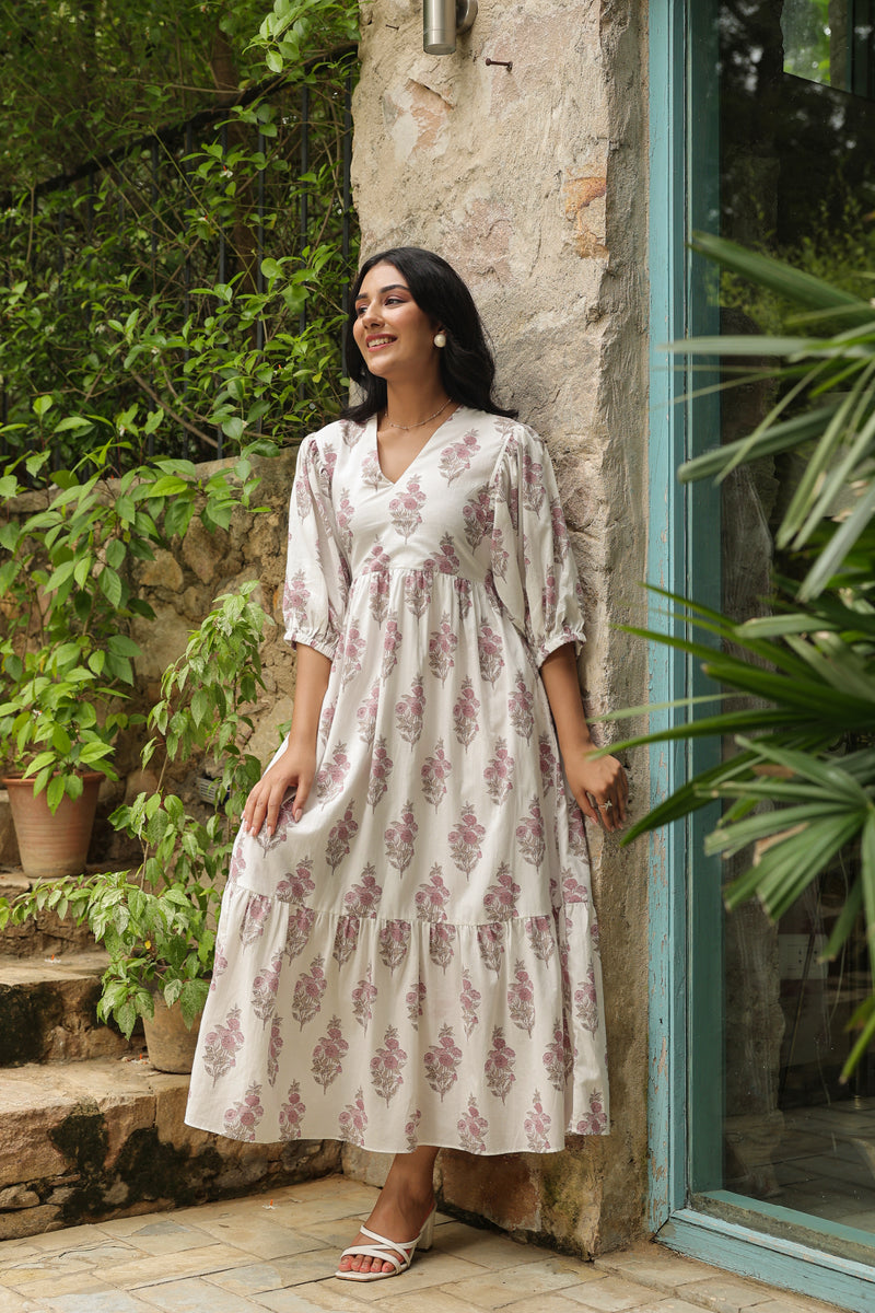 White Printed Cotton Maxi Dress with Three-Quarter Elasticated Sleeves