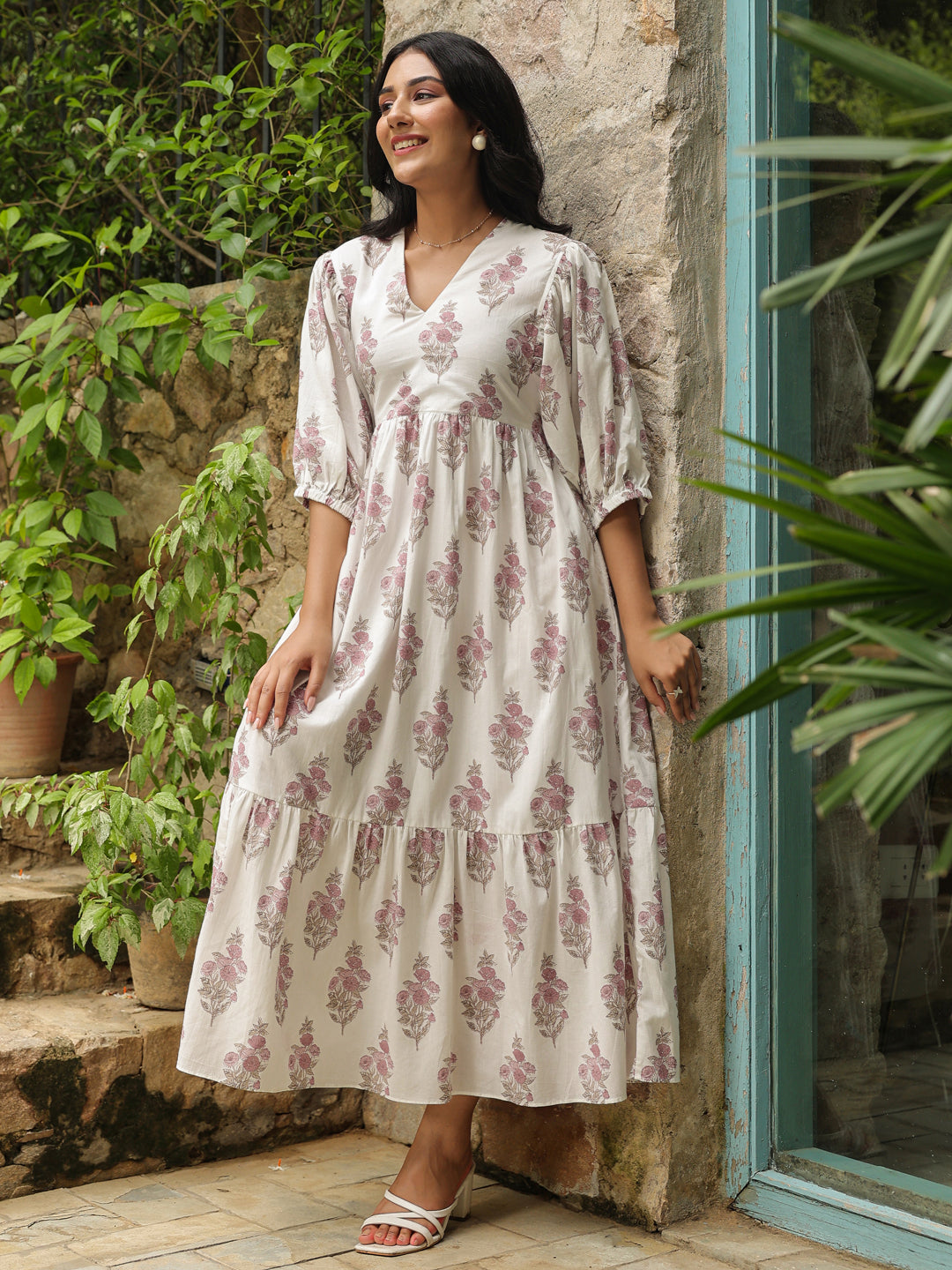 White Printed Cotton Maxi Dress with Three-Quarter Elasticated Sleeves