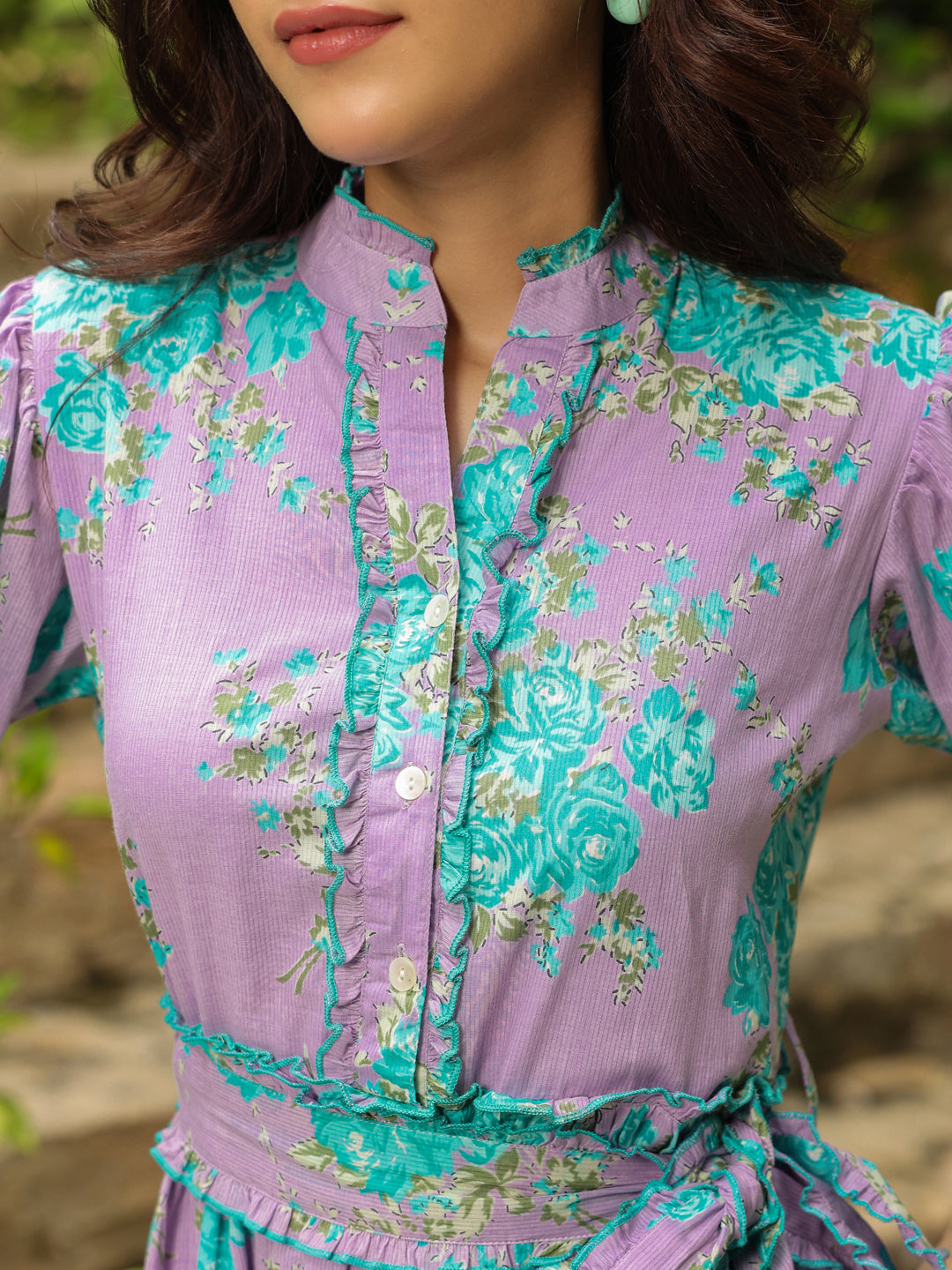 Purple Floral Print Puff Sleeve Fit & Flare Midi Dress