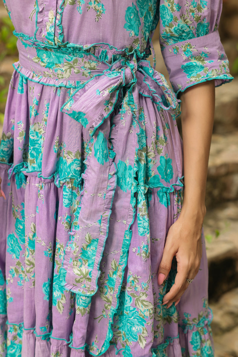 Purple Floral Print Puff Sleeve Fit & Flare Midi Dress