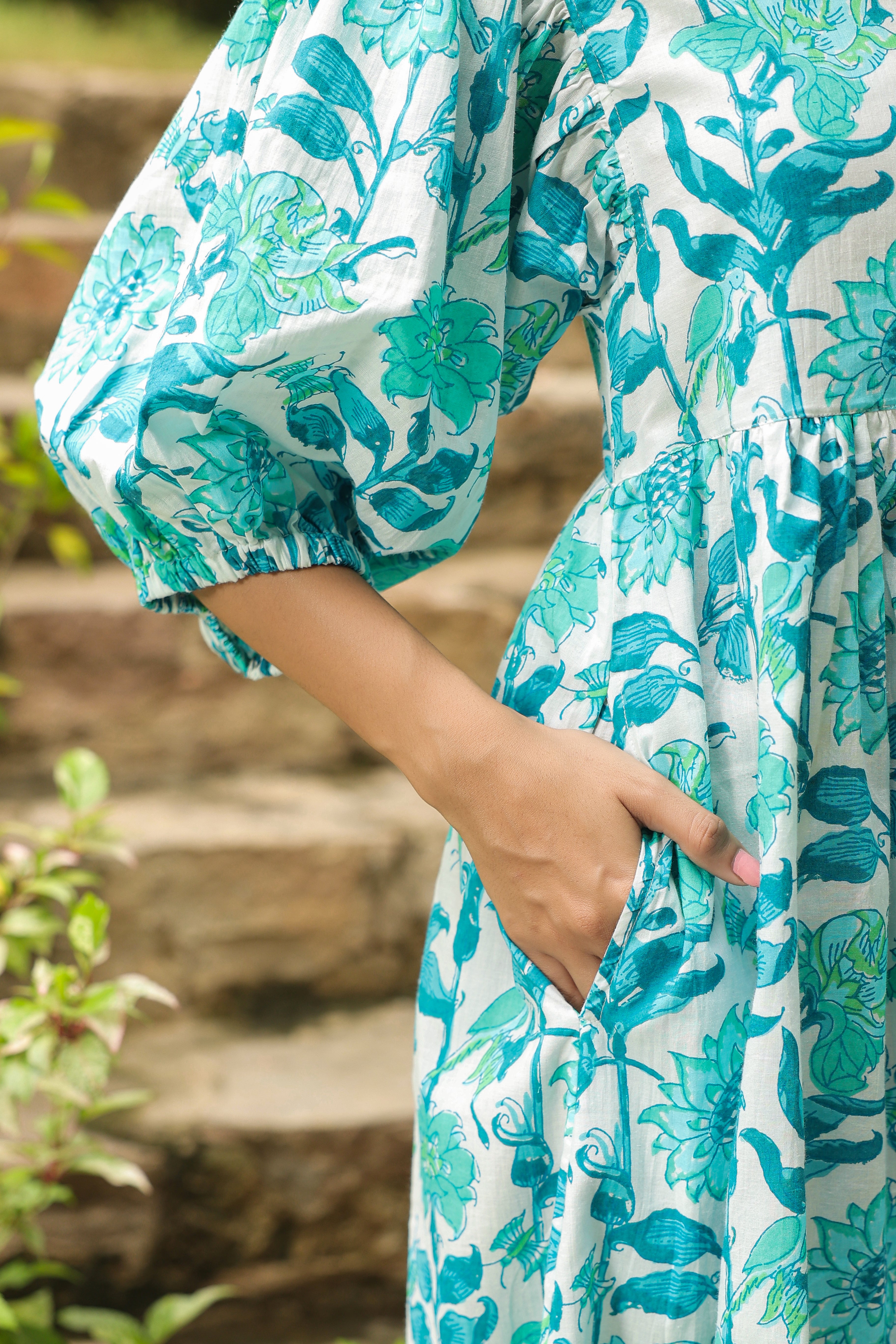 White & Turquoise Printed Zip dress