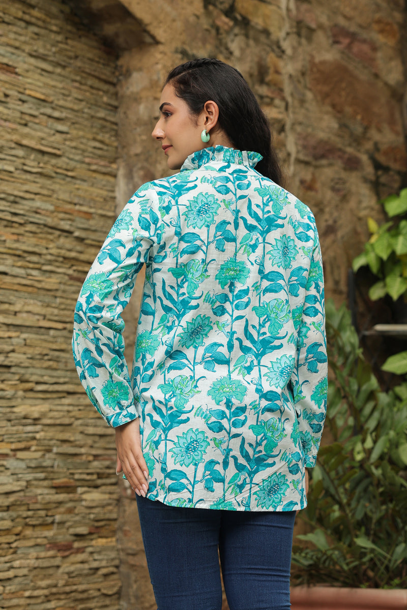 White & Turquoise Printed Peasant Shirt with Frill Details