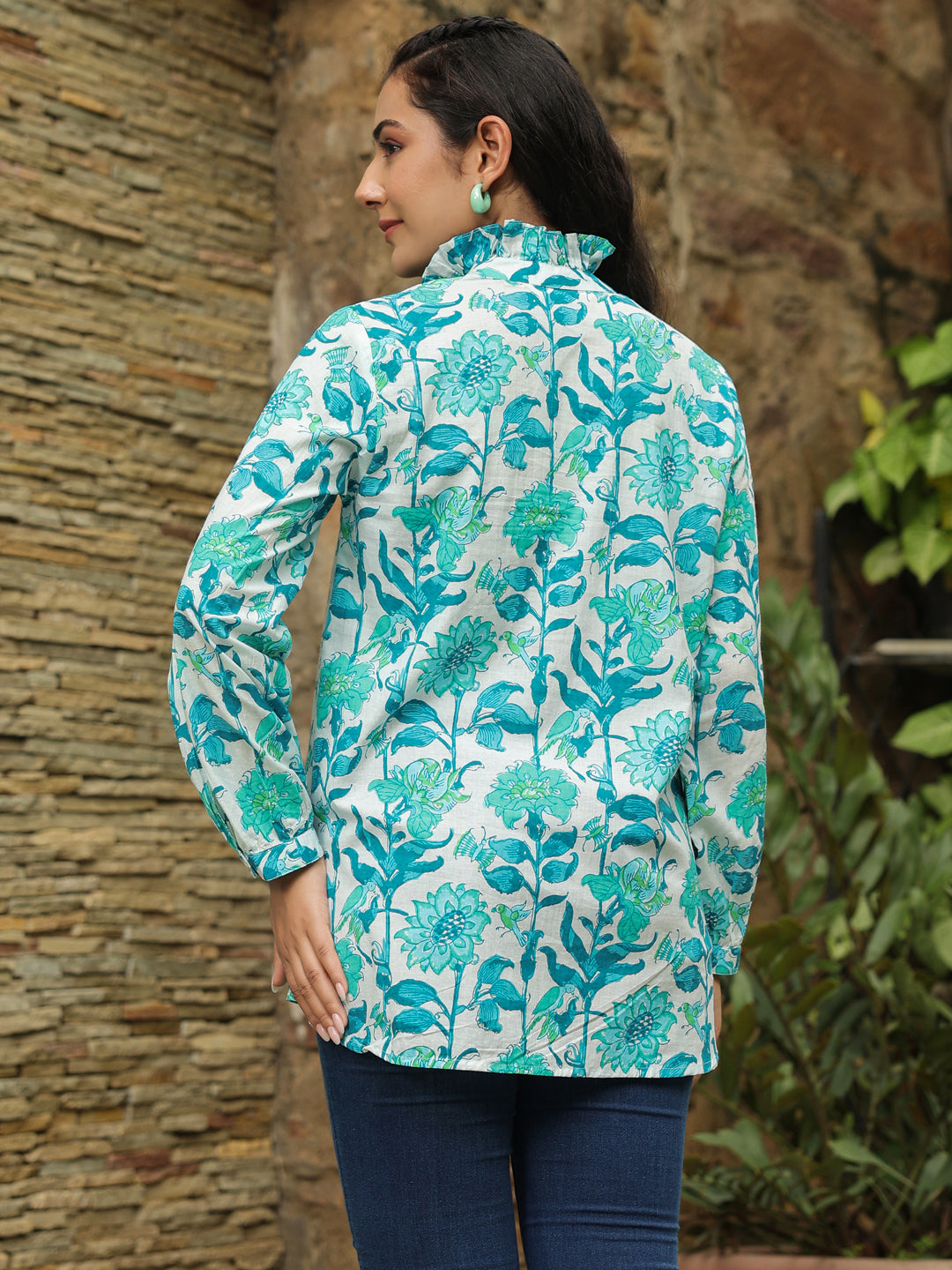 White & Turquoise Printed Peasant Shirt with Frill Details